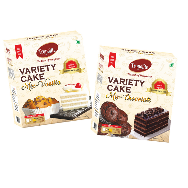 Tropolite Variety Mix - Chocolate 500 g  & Vanilla 500 g Combo Pack  - Premix for Egg Free Sponge & Muffins - Tropilite Foods